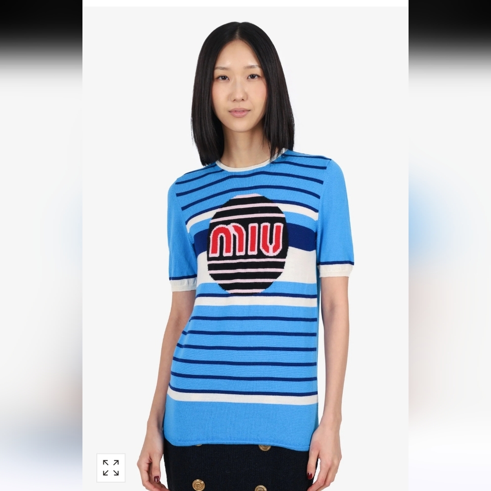 Miu Miu 2018 Blue Wool Striped Red Logo Short Sleeve Sweater Size 38
